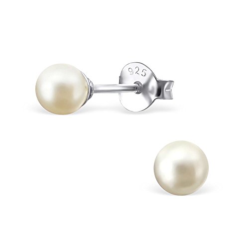 Bungsa® creme-farbene PERLEN-Ohrstecker Damen 925 Sterling Silber 4mm CREME - Ohrringe Set mit...