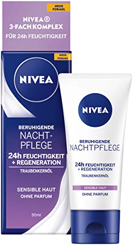 NIVEA Beruhigende Nachtpflege 24h Feuchtigkeit + Regeneration (50 ml), Gesichtscreme für sensible...