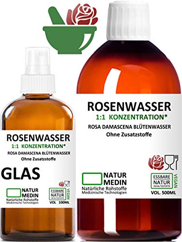 ROSENWASSER 500 + 100-ml SPRAY GLAS, AYURVEDA, Körper- und Gesichts-wasser, 100% naturrein, 1:1...