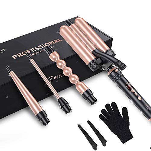 BESTOPE Lockenstab Set mit 3 Fässer Welleisen LCD Popup-Schloss Lockenstäbe 4-in-1 Lockenwickler...